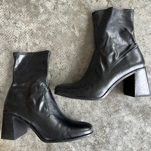 Bershka Booties Square Toe Black Sock Boots Block Heel Faux Leather Women's 7.5